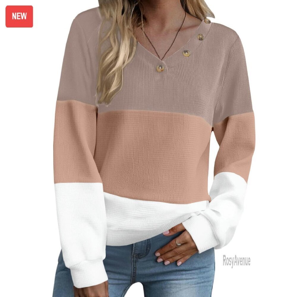Waffle Knit V-Neck Tunic Long Sleeve Blouse Button Decor Casual